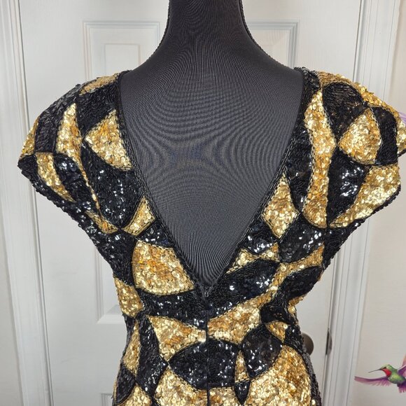 Vintage Cache Black & Gold Sequin Dress S8 80/90s Geometric Abstract Party Dress - Picture 7 of 10